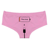 Please Charge Women's Low Rise Briefs-Comfortable, women's low-rise briefs with playful printed empty battery, 'Please Charge' and charging cable curving down below. Lightweight and breathable, 92% polyamide / 8% spandex. See size chart.Free shipping. Funny weird womens ladies girls underwear lingerie panties half-pack peach hip butt half pack kinky sexy-