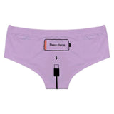 Please Charge Women's Low Rise Briefs-Comfortable, women's low-rise briefs with playful printed empty battery, 'Please Charge' and charging cable curving down below. Lightweight and breathable, 92% polyamide / 8% spandex. See size chart.Free shipping. Funny weird womens ladies girls underwear lingerie panties half-pack peach hip butt half pack kinky sexy-