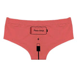 Please Charge Women's Low Rise Briefs-Comfortable, women's low-rise briefs with playful printed empty battery, 'Please Charge' and charging cable curving down below. Lightweight and breathable, 92% polyamide / 8% spandex. See size chart.Free shipping. Funny weird womens ladies girls underwear lingerie panties half-pack peach hip butt half pack kinky sexy-