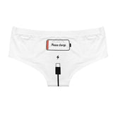Please Charge Women's Low Rise Briefs-Comfortable, women's low-rise briefs with playful printed empty battery, 'Please Charge' and charging cable curving down below. Lightweight and breathable, 92% polyamide / 8% spandex. See size chart.Free shipping. Funny weird womens ladies girls underwear lingerie panties half-pack peach hip butt half pack kinky sexy-White-S-