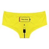Please Charge Women's Low Rise Briefs-Comfortable, women's low-rise briefs with playful printed empty battery, 'Please Charge' and charging cable curving down below. Lightweight and breathable, 92% polyamide / 8% spandex. See size chart.Free shipping. Funny weird womens ladies girls underwear lingerie panties half-pack peach hip butt half pack kinky sexy-
