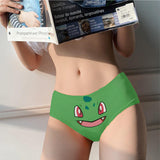 -Comfortable, women's midrise-rise briefs with kawaii printed anime face design. Lightweight and breathable, 95% polyester / 5% spandex. Free shipping. Funny cute kawaii bulbasaur pokemon face womens juniors geeky girls underwear anime lingerie cartoon dinosaur pocket monster panties gift-