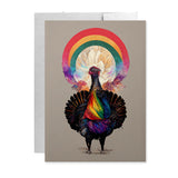-Blank card with colorful print of a sassy feathered & fabulous turkey. Ideal for sending Thanksgiving or Friendsgiving wishes or invitations to family, chosen or otherwise. Whether for turkey talk or just want to express thanks for friends who appreciate your tasty body. LGBTQIA Pride LGBTQ LGBTQX Gay Pride funny Friends-4.25x5.5 inch-1 Card-