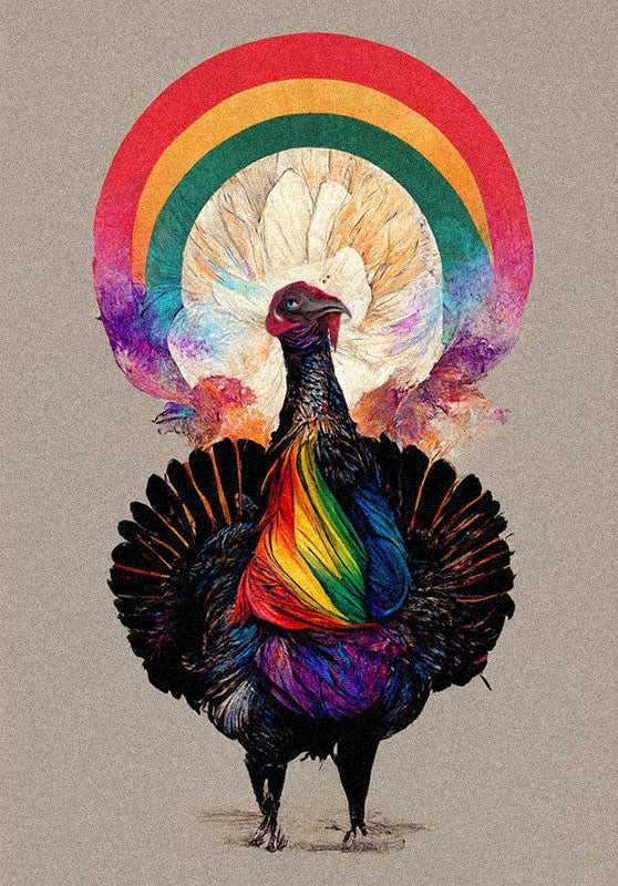 -Blank card with colorful print of a sassy feathered & fabulous turkey. Ideal for sending Thanksgiving or Friendsgiving wishes or invitations to family, chosen or otherwise. Whether for turkey talk or just want to express thanks for friends who appreciate your tasty body. LGBTQIA Pride LGBTQ LGBTQX Gay Pride funny Friends-