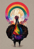 -Blank card with colorful print of a sassy feathered & fabulous turkey. Ideal for sending Thanksgiving or Friendsgiving wishes or invitations to family, chosen or otherwise. Whether for turkey talk or just want to express thanks for friends who appreciate your tasty body. LGBTQIA Pride LGBTQ LGBTQX Gay Pride funny Friends-