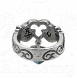 -Alchemy Gothic Dogaressas's Last Love Ring A token of forlorn devotion from the Lady of of the palace in Renaissance Venice. A pewter, open trefoil motif ring with gothic floral shank, suspended with a blue Swarovski crystal heart.-