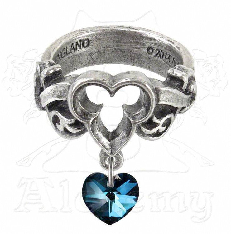 -Alchemy Gothic Dogaressas's Last Love Ring A token of forlorn devotion from the Lady of of the palace in Renaissance Venice. A pewter, open trefoil motif ring with gothic floral shank, suspended with a blue Swarovski crystal heart.-Size L - 51.2mm - 5.5 US-Silver-