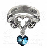 -Alchemy Gothic Dogaressas's Last Love Ring A token of forlorn devotion from the Lady of of the palace in Renaissance Venice. A pewter, open trefoil motif ring with gothic floral shank, suspended with a blue Swarovski crystal heart.-Size L - 51.2mm - 5.5 US-Silver-