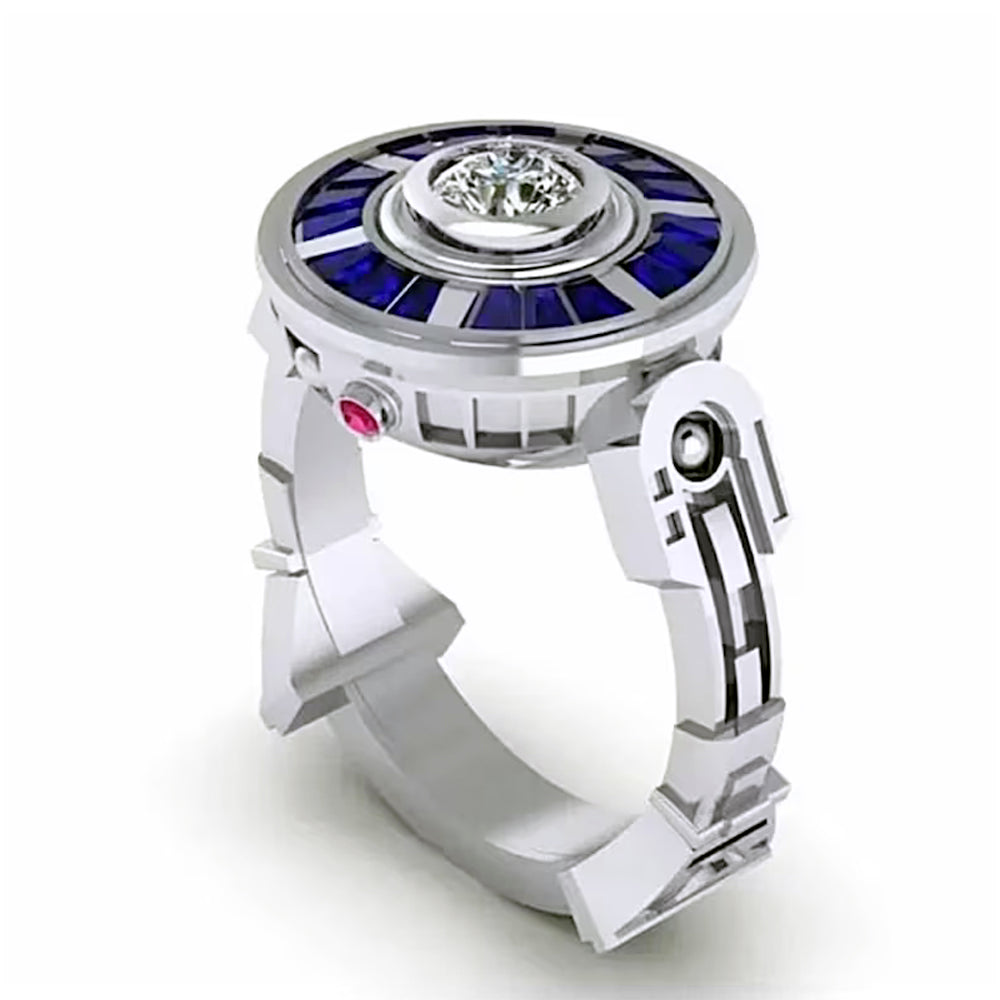 -A cleverly designed fashion ring inspired by a very clever little droid. Sizes are approximate & tend to run slightly large to average US sizing. Free shipping from abroad. scifi star geek nerd jewelry S925 sterling silver plated CZ zirconia space wars gift men women kids unisex promise valentines day science fiction-6 US / 51 EU-