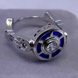-A cleverly designed fashion ring inspired by a very clever little droid. Sizes are approximate & tend to run slightly large to average US sizing. Free shipping from abroad. scifi star geek nerd jewelry S925 sterling silver plated CZ zirconia space wars gift men women kids unisex promise valentines day science fiction-