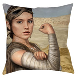 -A sci-fi feminist fan art mash-up reimagining of Rey as Rosie the Riveter. An inspirational and iconic symbol of female strength for the present and the future, we can do it - use the force! Double-sided, square spun polyester pillow or pillowcase. 14, 16 or 18 inches. Spun polyester or synthetic suede finish. -