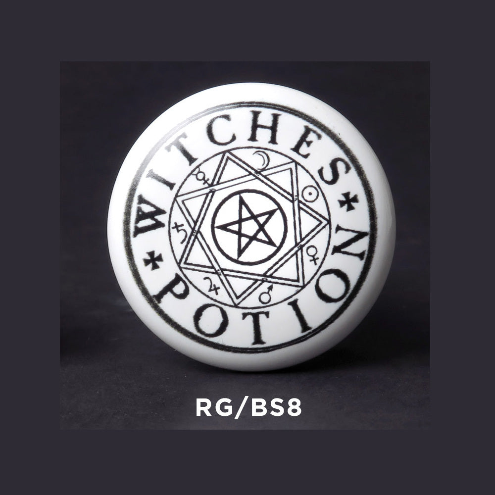 Alchemy Gothic WITCHES POTION Bottle Stopper, Ceramic and Cork-A little eye of newt, some mugwort, and a dash of vodka for good measure! Keep your potions fresh with this Witches Potion bottle stopper from Alchemy Gothic. Ceramic topper with tapered cork base. Shipped in 1-3 business days from the USA. Unique wine liquor drinking accessory. Pagan witch witchcraft Gothic home decor.-