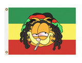 Flag of Rasta Garfield-High quality polyester banner flag with double stitched edges, single side reverse or true double sided, grommets or pole sleeve. 2x3ft or 3x5ft. 

Funny inside moon job conspiracy cartoon parody rastafarian stoned ganja cat parody meme joke rastagarfield brett reagan lunar landing buzzkill scifi spoof satire gift-3 ft x 2 ft-Standard-Grommets-