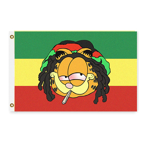 Flag of Rasta Garfield-High quality polyester banner flag with double stitched edges, single side reverse or true double sided, grommets or pole sleeve. 2x3ft or 3x5ft. Funny inside moon job conspiracy cartoon parody rastafarian stoned ganja cat parody meme joke rastagarfield brett reagan lunar landing buzzkill scifi spoof satire gift-5 ft x 3 ft-Standard-Grommets-