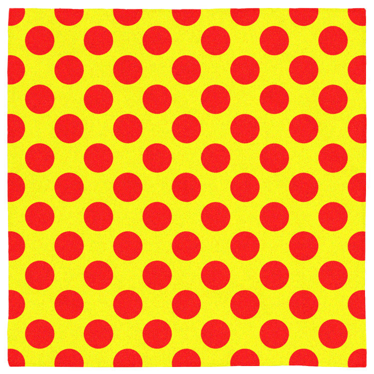 -Polyester jersey knit 24x24" bandana with bright red polkadots on yellow. Made to order and shipped from the USA. handkerchief kerchief neckerchief scarf hankie hanky bandanna 20s twenties 30s thirties 1920s 1930s 1940s forties 40s swing comic book costume cosplay retro classic vintage style womens unisex accessory-
