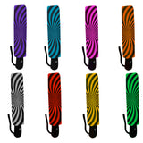 Radial Vortex Automatic Umbrella, Compact Standard or Anti-UV-High quality compact automatic umbrella with automatic open and close system. Sturdy and well constructed. Standard or heavy duty anti-UV versions available. Waterproof polyester pongee with colorfast and fade resistant design. Unique retro punk gothic radiating spiral vortex design. Costume, cosplay or everyday use.-