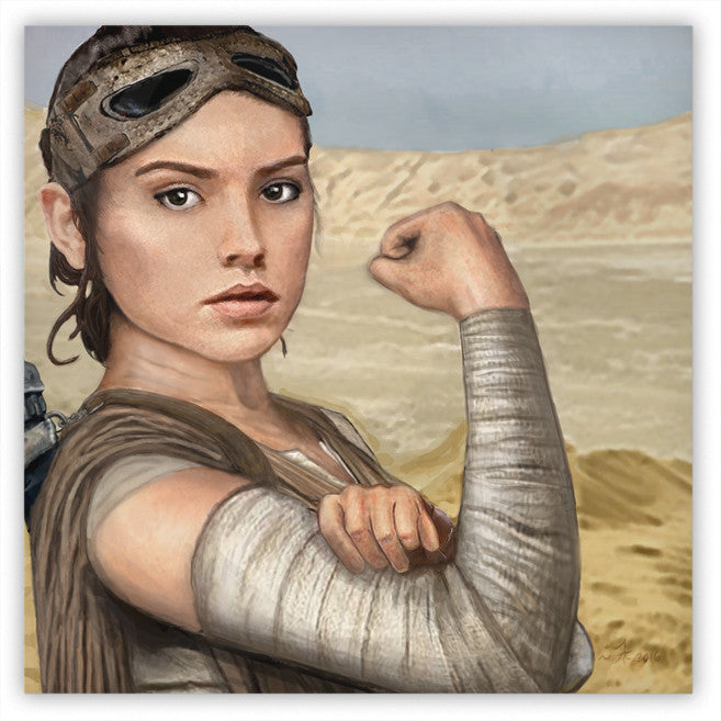 -Mylar Coated 2" Tin Plated Steel Fridge Magnet. A sci-fi feminist fan art mash-up reimagining of Rey as Rosie the Riveter. An inspirational and iconic symbol of female strength for the present and the future. Place it on your fridge or locker for a daily reminder that We Can Do It and that the force is within us all.-