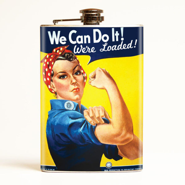 -A "loaded" twist on the famous WWII homefront propaganda art which looks stunning on this convenient 8oz stainless steel flask. Easy closure screw cap lid, full wrap waterproof artwork. Brand new. Ships from USA. retro WWII americana retroagogo we can do it we're loaded rockabilly feminist kustom kulture drinking gift-