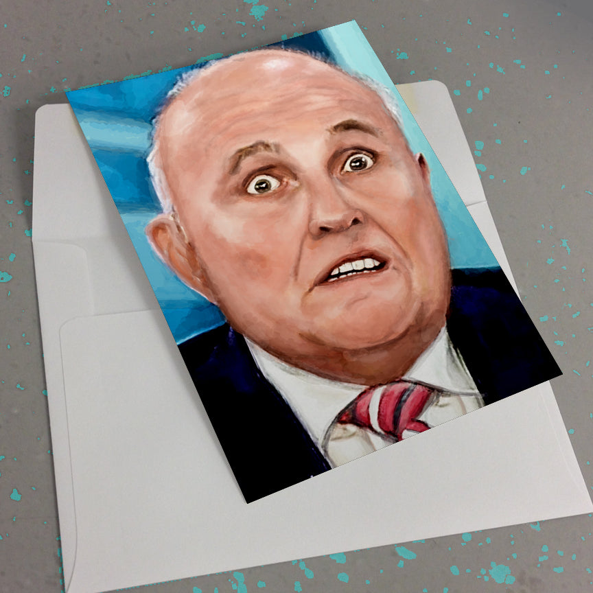 Funny Rudy Colludiani Blank Greeting Cards, 5x7 or 3x5-Blank 5x7 occasion cards on high quality cardstock with matching envelopes. Funny ridiculous shocked Rudy Giuliani world's worst lawyer collusion Trump crimes treason sedition Russia Russian asset New York City NYC political party invite birthday sorry apology get well i screwed up greeting card belated disaster NY-1 Card-5x7"-