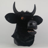 -High quality, full over-the-head black bull mask with movable jaw. Made of soft synthetic fur and latex, weighs about two pounds. One size fits most adults. Free shipping, average delivery in 2-3 weeks. funny weird realistic working mouth furry cosplay cow costume with horns halloween kink roleplaying furries mask-