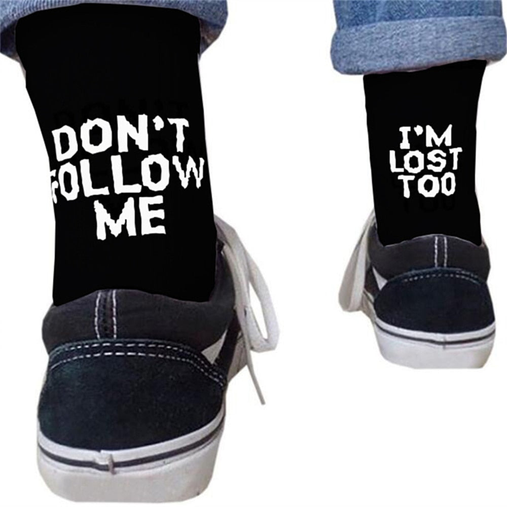 -Funny cotton/poly blend "Don't Follow Me, I'm Lost Too" crew socks. Small medium one-size-fits-most. Free shipping from abroad wtih average delivery in 2-3 weeks to the US. unisex mens womens kids athletic tube sock funny footwear gift saying quote text words design-