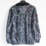 -Quality hi-vis hooded jacket with rainbow reflective paint swirl pattern. Zipper front hoodie, pockets, drawstring hood. Muted appearance in daylight, highly reflective in dusk and dark. Free shipping. Night safety jogging running walking biking safe rave streetwear unique high visibility designer clubwear fashion-