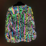 -Quality hi-vis hooded jacket with rainbow reflective paint swirl pattern. Zipper front hoodie, pockets, drawstring hood. Muted appearance in daylight, highly reflective in dusk and dark. Free shipping. Night safety jogging running walking biking safe rave streetwear unique high visibility designer clubwear fashion-