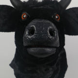 -High quality, full over-the-head black bull mask with movable jaw. Made of soft synthetic fur and latex, weighs about two pounds. One size fits most adults. Free shipping, average delivery in 2-3 weeks. funny weird realistic working mouth furry cosplay cow costume with horns halloween kink roleplaying furries mask-
