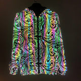 -Quality hi-vis hooded jacket with rainbow reflective paint swirl pattern. Zipper front hoodie, pockets, drawstring hood. Muted appearance in daylight, highly reflective in dusk and dark. Free shipping. Night safety jogging running walking biking safe rave streetwear unique high visibility designer clubwear fashion-M-