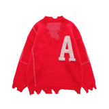 -Unique distressed vintage style college letter sweater / sweatshirt. Cut, chopped, stitched with irregular hem and rough v-neck. Free shipping. Retro vintage antique style embroidered school sweater longsleeve pullover jumper winter fall autumn fashion unisex mens womens thrift punk pre-distressed ripped torn -Red-M-