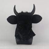 -High quality, full over-the-head black bull mask with movable jaw. Made of soft synthetic fur and latex, weighs about two pounds. One size fits most adults. Free shipping, average delivery in 2-3 weeks. funny weird realistic working mouth furry cosplay cow costume with horns halloween kink roleplaying furries mask-