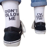 -Funny cotton/poly blend "Don't Follow Me, I'm Lost Too" crew socks. Small medium one-size-fits-most. Free shipping from abroad wtih average delivery in 2-3 weeks to the US. unisex mens womens kids athletic tube sock funny footwear gift saying quote text words design-White-
