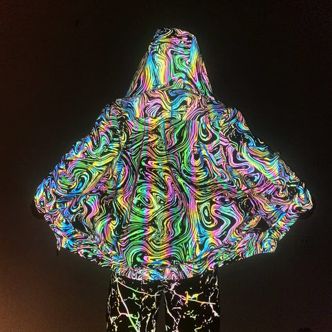 -Quality hi-vis hooded jacket with rainbow reflective paint swirl pattern. Zipper front hoodie, pockets, drawstring hood. Muted appearance in daylight, highly reflective in dusk and dark. Free shipping. Night safety jogging running walking biking safe rave streetwear unique high visibility designer clubwear fashion-