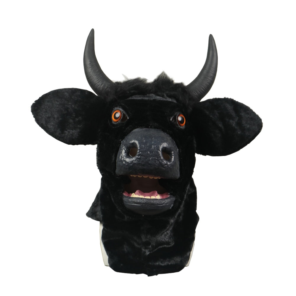-High quality, full over-the-head black bull mask with movable jaw. Made of soft synthetic fur and latex, weighs about two pounds. One size fits most adults. Free shipping, average delivery in 2-3 weeks. funny weird realistic working mouth furry cosplay cow costume with horns halloween kink roleplaying furries mask-