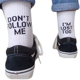 -Funny cotton/poly blend "Don't Follow Me, I'm Lost Too" crew socks. Small medium one-size-fits-most. Free shipping from abroad wtih average delivery in 2-3 weeks to the US. unisex mens womens kids athletic tube sock funny footwear gift saying quote text words design-