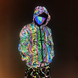 -Quality hi-vis hooded jacket with rainbow reflective paint swirl pattern. Zipper front hoodie, pockets, drawstring hood. Muted appearance in daylight, highly reflective in dusk and dark. Free shipping. Night safety jogging running walking biking safe rave streetwear unique high visibility designer clubwear fashion-