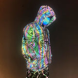 -Quality hi-vis hooded jacket with rainbow reflective paint swirl pattern. Zipper front hoodie, pockets, drawstring hood. Muted appearance in daylight, highly reflective in dusk and dark. Free shipping. Night safety jogging running walking biking safe rave streetwear unique high visibility designer clubwear fashion-