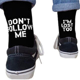 -Funny cotton/poly blend "Don't Follow Me, I'm Lost Too" crew socks. Small medium one-size-fits-most. Free shipping from abroad wtih average delivery in 2-3 weeks to the US. unisex mens womens kids athletic tube sock funny footwear gift saying quote text words design-Black-