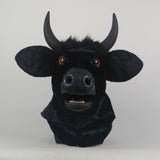 -High quality, full over-the-head black bull mask with movable jaw. Made of soft synthetic fur and latex, weighs about two pounds. One size fits most adults. Free shipping, average delivery in 2-3 weeks. funny weird realistic working mouth furry cosplay cow costume with horns halloween kink roleplaying furries mask-