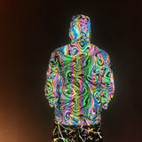 -Quality hi-vis hooded jacket with rainbow reflective paint swirl pattern. Zipper front hoodie, pockets, drawstring hood. Muted appearance in daylight, highly reflective in dusk and dark. Free shipping. Night safety jogging running walking biking safe rave streetwear unique high visibility designer clubwear fashion-