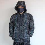 -Quality hi-vis hooded jacket with rainbow reflective paint swirl pattern. Zipper front hoodie, pockets, drawstring hood. Muted appearance in daylight, highly reflective in dusk and dark. Free shipping. Night safety jogging running walking biking safe rave streetwear unique high visibility designer clubwear fashion-