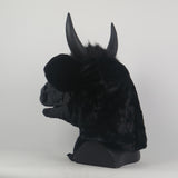 -High quality, full over-the-head black bull mask with movable jaw. Made of soft synthetic fur and latex, weighs about two pounds. One size fits most adults. Free shipping, average delivery in 2-3 weeks. funny weird realistic working mouth furry cosplay cow costume with horns halloween kink roleplaying furries mask-