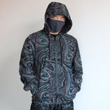 -Quality hi-vis hooded jacket with rainbow reflective paint swirl pattern. Zipper front hoodie, pockets, drawstring hood. Muted appearance in daylight, highly reflective in dusk and dark. Free shipping. Night safety jogging running walking biking safe rave streetwear unique high visibility designer clubwear fashion-