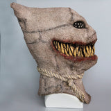 -Just imagine this thing wandering out of the corn... A truly terrifying evil scarecrow mask with large, sharp teeth. Full over the head latex mask, one size fits most. Free shipping. Unique horror possessed demonic scarecrow halloween costume cosplay scary demon carnival fall festival prank scare creepy weird-