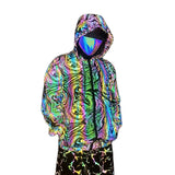 -Quality hi-vis hooded jacket with rainbow reflective paint swirl pattern. Zipper front hoodie, pockets, drawstring hood. Muted appearance in daylight, highly reflective in dusk and dark. Free shipping. Night safety jogging running walking biking safe rave streetwear unique high visibility designer clubwear fashion-