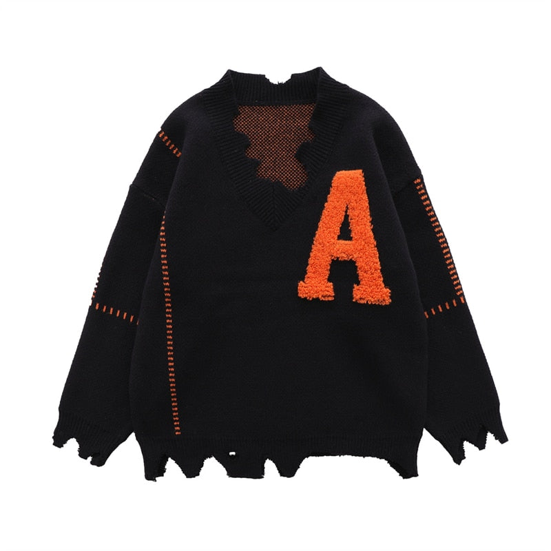 -Unique distressed vintage style college letter sweater / sweatshirt. Cut, chopped, stitched with irregular hem and rough v-neck. Free shipping. Retro vintage antique style embroidered school sweater longsleeve pullover jumper winter fall autumn fashion unisex mens womens thrift punk pre-distressed ripped torn -Black-M-