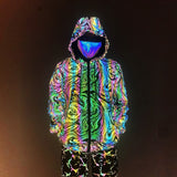 -Quality hi-vis hooded jacket with rainbow reflective paint swirl pattern. Zipper front hoodie, pockets, drawstring hood. Muted appearance in daylight, highly reflective in dusk and dark. Free shipping. Night safety jogging running walking biking safe rave streetwear unique high visibility designer clubwear fashion-