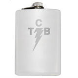 Custom Engraved TCB Lightning Bolt Flask-Custom Engraved TCB Lightning Symbol Flask. The perfect accessory for when you're Taking Care of Business like the King of Rock and Roll. Custom Engraved 8oz Stainless Steel Hip / Pocket Flask. Easy closure screw cap lid. Holds eight shots. Optional funnel or gift box with funnel and shot glasses. Bespoke options.-White-Just the Flask-616641499792