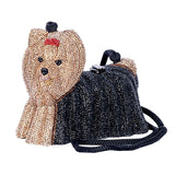 Queen of York Handbag - Swarovski Encrusted Hand Carved Acacia Yorkie-Intricately hand-carved acacia wood Yorkshire Terrier handbag encrusted w/3000 Swarovski crystals-carry the ultimate gala stand-in for your pup.Her majesty measures 6.5x8x3.5in w/satin lined interior,TW branded lock closure&strap. Genuine Timmy Woods of Beverly Hills designer fashion dog purse shoulder luxury bag gift -