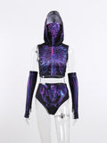 -Unique cyber gothic hooded crop top, briefs and fingerless glove set. Spandex and polyester, slim fit. See size chart in images.Free shipping from abroad.
womens juniors sexy Y2k cyberpunk mk violet skeletal midriff hoodie rave clubwear streetwear punk cybergoth gothic tank top panty synthwave future fashion aesthetic -